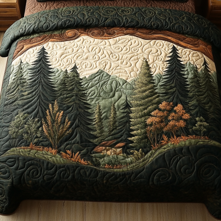 Pine Valley quilted throw – dark pines against soft mountains