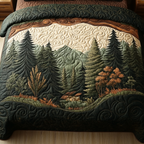 Pine Valley quilted throw – dark pines against soft mountains