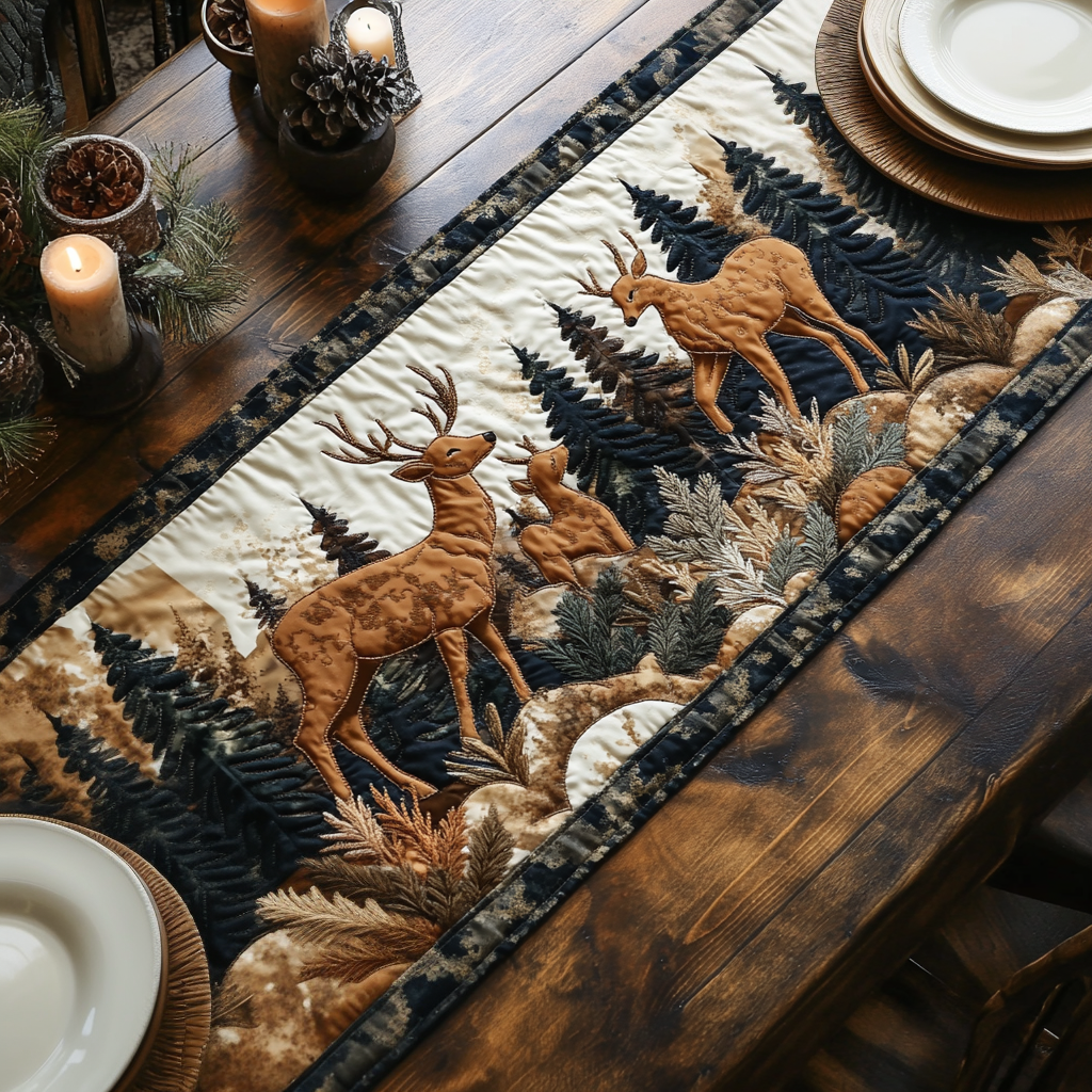 Woodland Deer quilted table runner – deer among dark pines