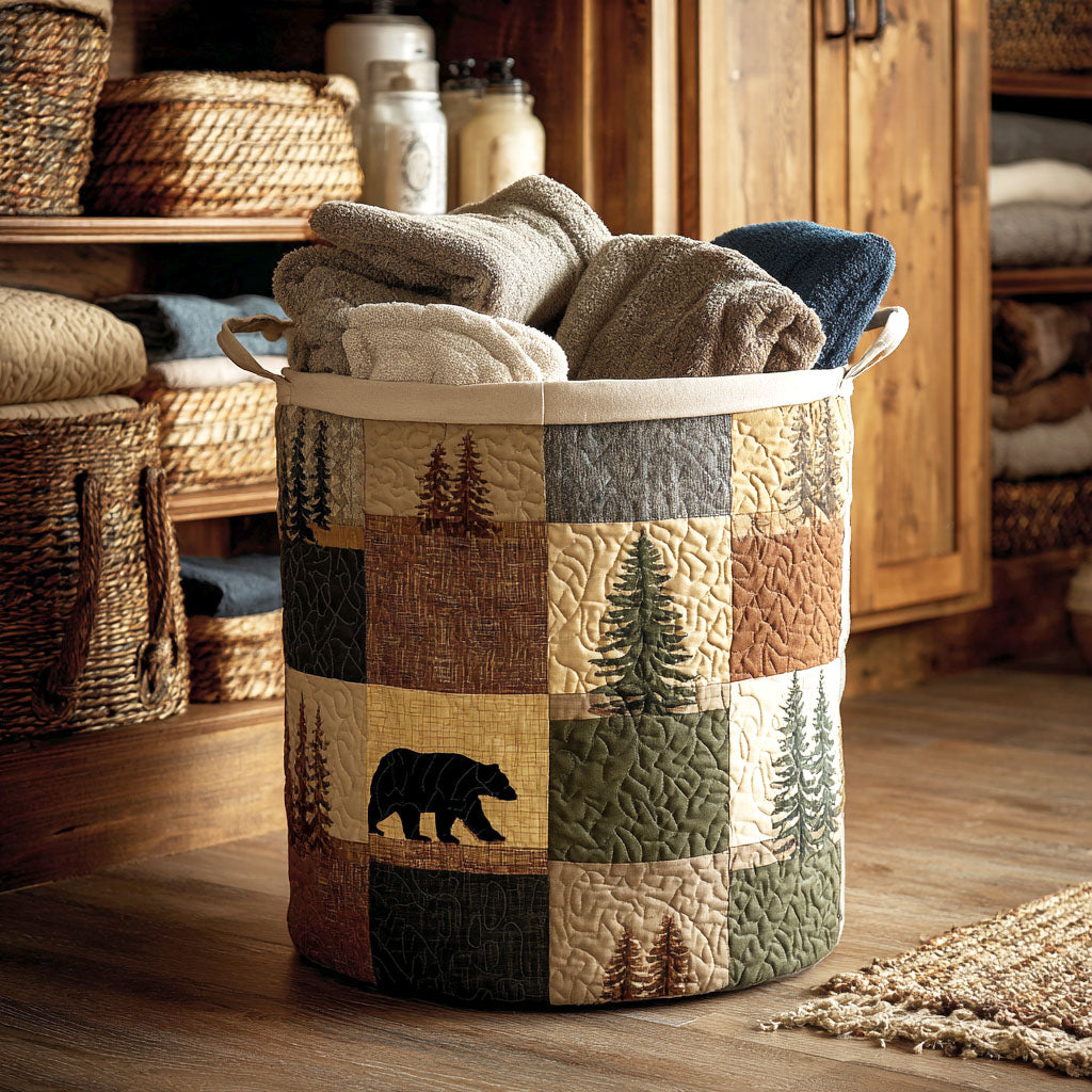 Quilted laundry basket in rustic patchwork with pine trees and a bear