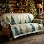 Woodland Peace quilted sofa cover with slender pines in soft teal, sage green and pale sky blue on a cream ground