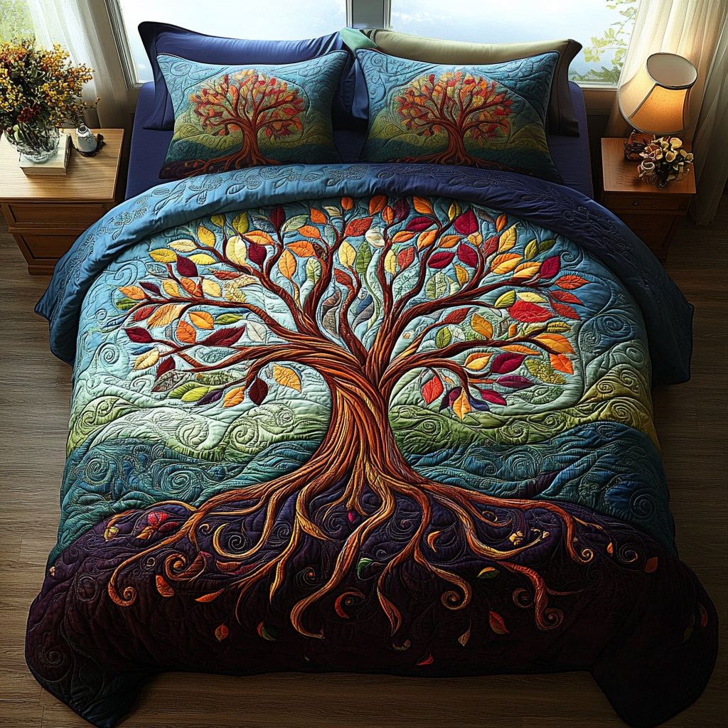 Autumn Tree of Life quilted bedspread set – red and gold tree of life on teal
