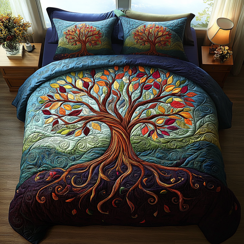 Autumn Tree of Life quilted bedspread set – red and gold tree of life on teal