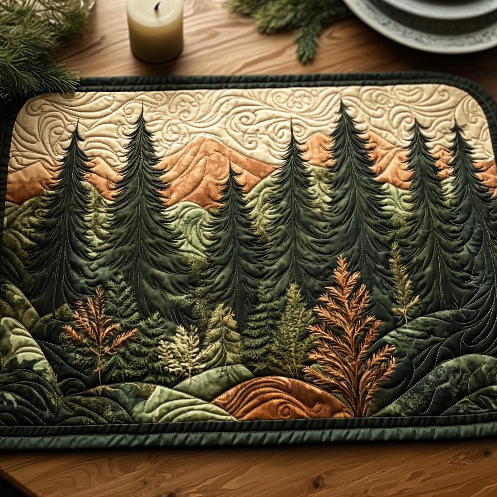 Woodland Wanderlust quilted placemats – pines and hills