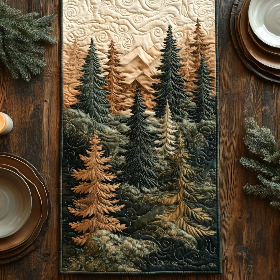 Golden Pine Forest quilted table runner – pines against a golden sky