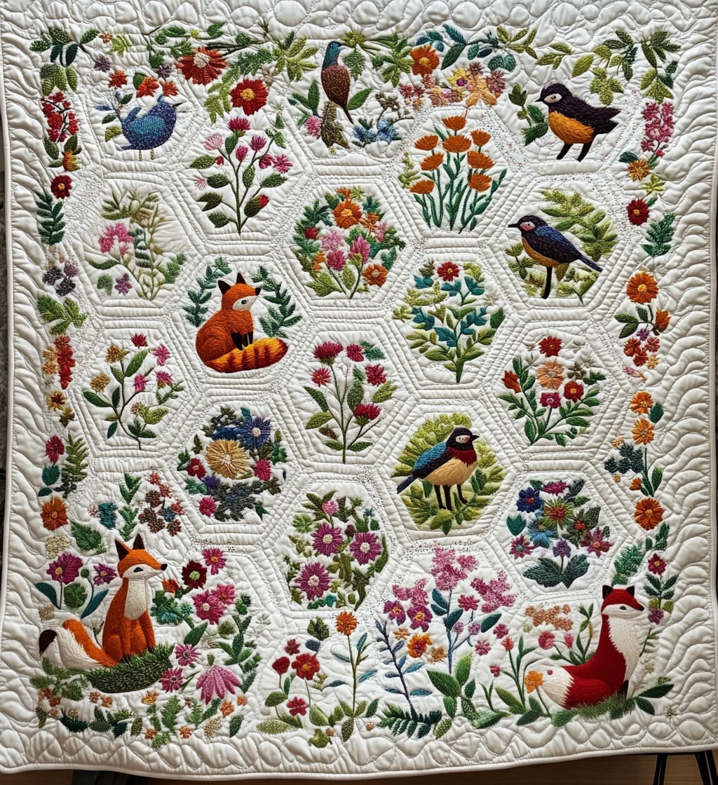 Woodland Hexagons quilted throw – foxes, birds and flowers in cream hexagons