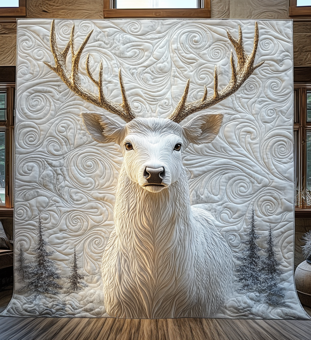 White Stag quilted throw – white stag with golden antlers