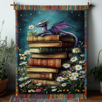 Daisy Dragon Books woven sofa throw – purple dragon on books with daisies