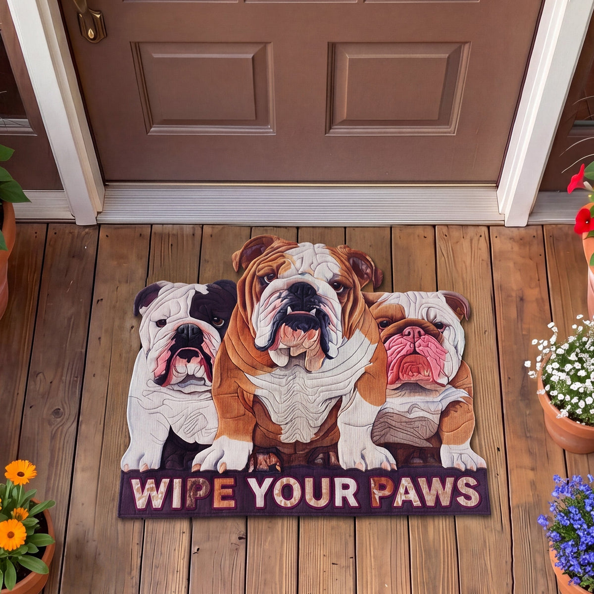 Wrinkle Welcome shaped doormat – three bulldogs