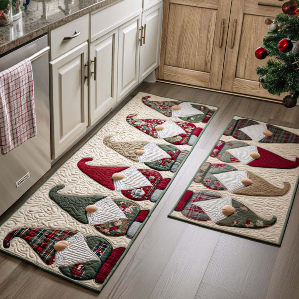 Christmas Eve Gnomes kitchen mat set – patchwork gnomes