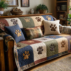 Country Paw Squares quilted sofa cover – paw prints in country squares