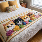 Cats and Yarn quilted bed runner – fluffy cats with colourful yarn