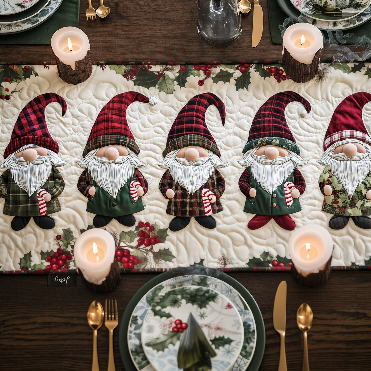 Plaid Hat Gnomes quilted table runner – gnomes in red plaid hats