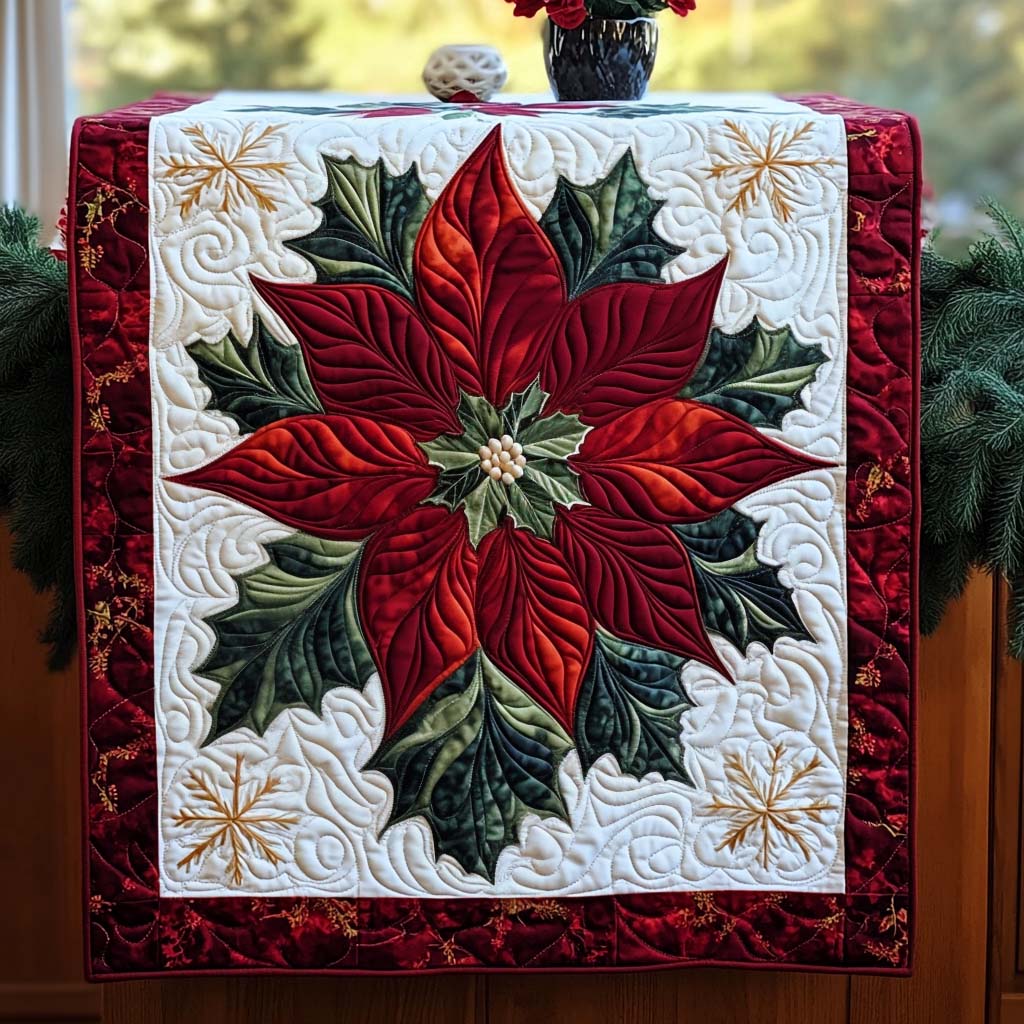 Poinsettia Star quilted table runner – large poinsettia with snowflakes