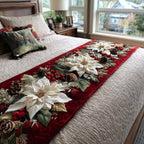 White Poinsettias on Burgundy quilted bed runner – white poinsettias on rich burgundy
