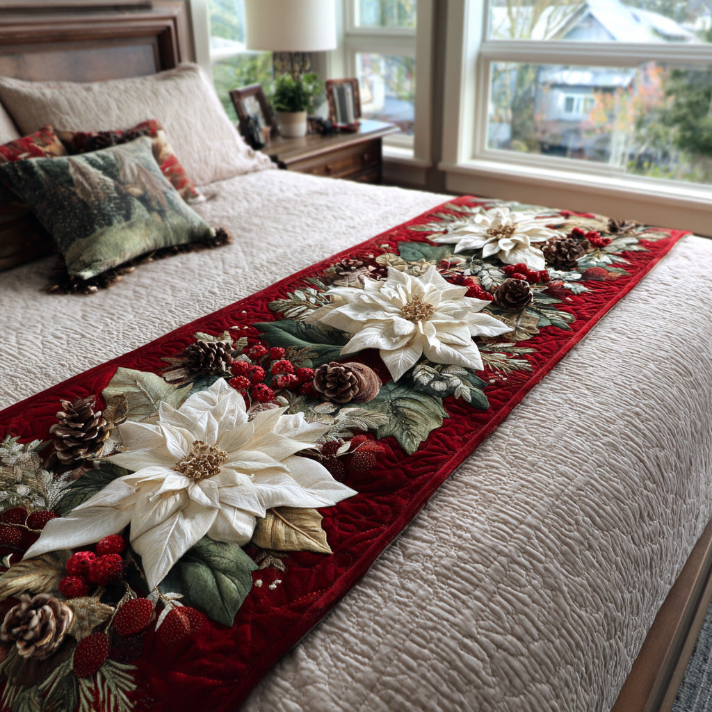 White Poinsettias on Burgundy quilted bed runner – white poinsettias on rich burgundy