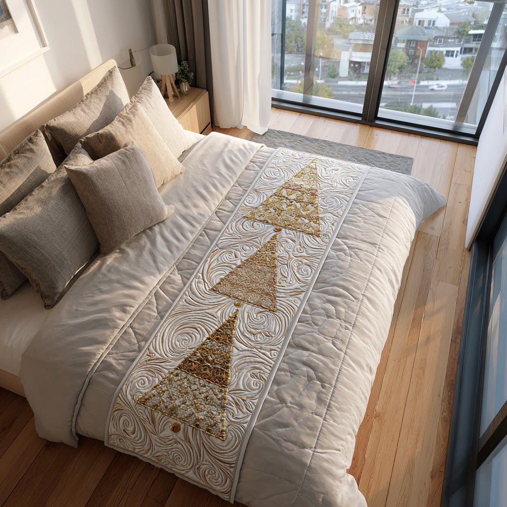 Golden Tree Grove quilted bed runner – golden quilted trees on cream