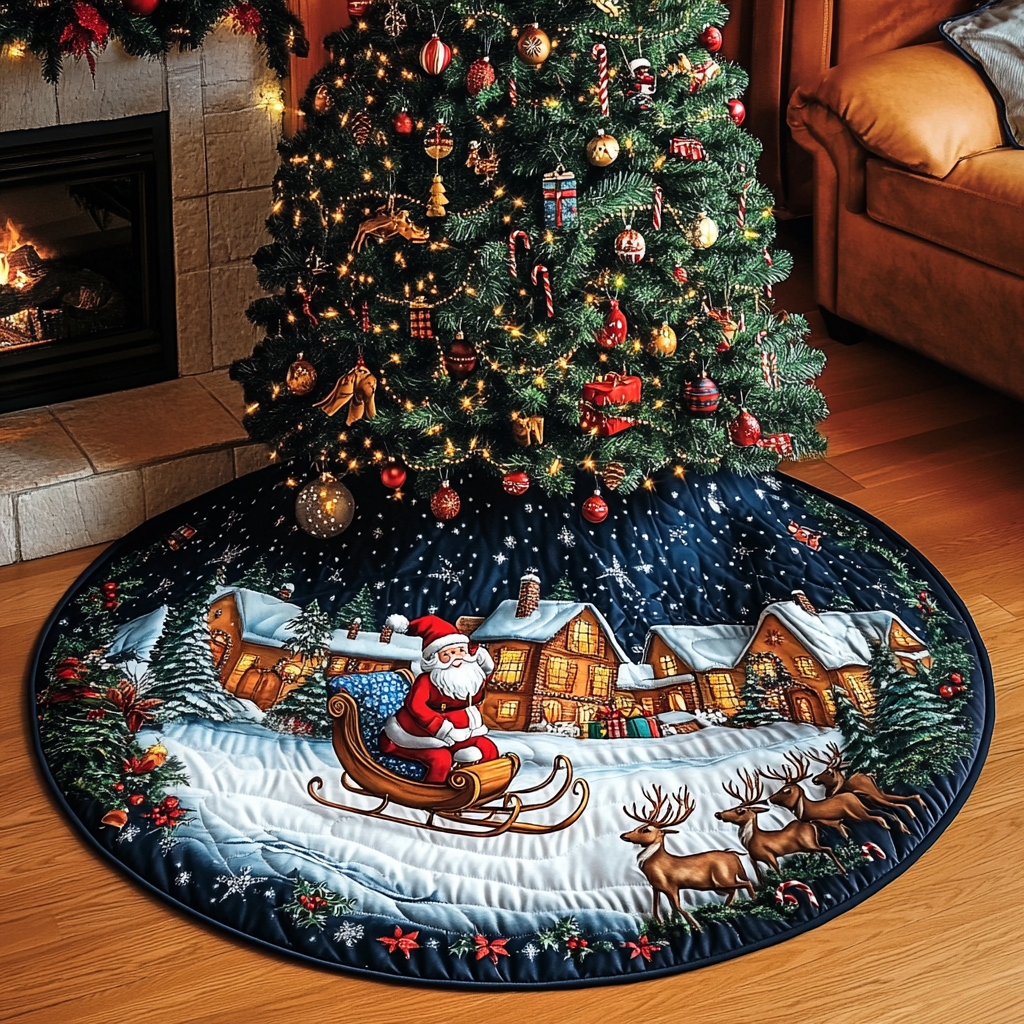 Santa over the Village quilted Christmas tree skirt – santa's sleigh over a snowy village with holly