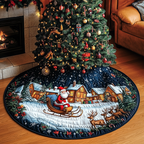 Santa over the Village quilted Christmas tree skirt – santa's sleigh over a snowy village with holly