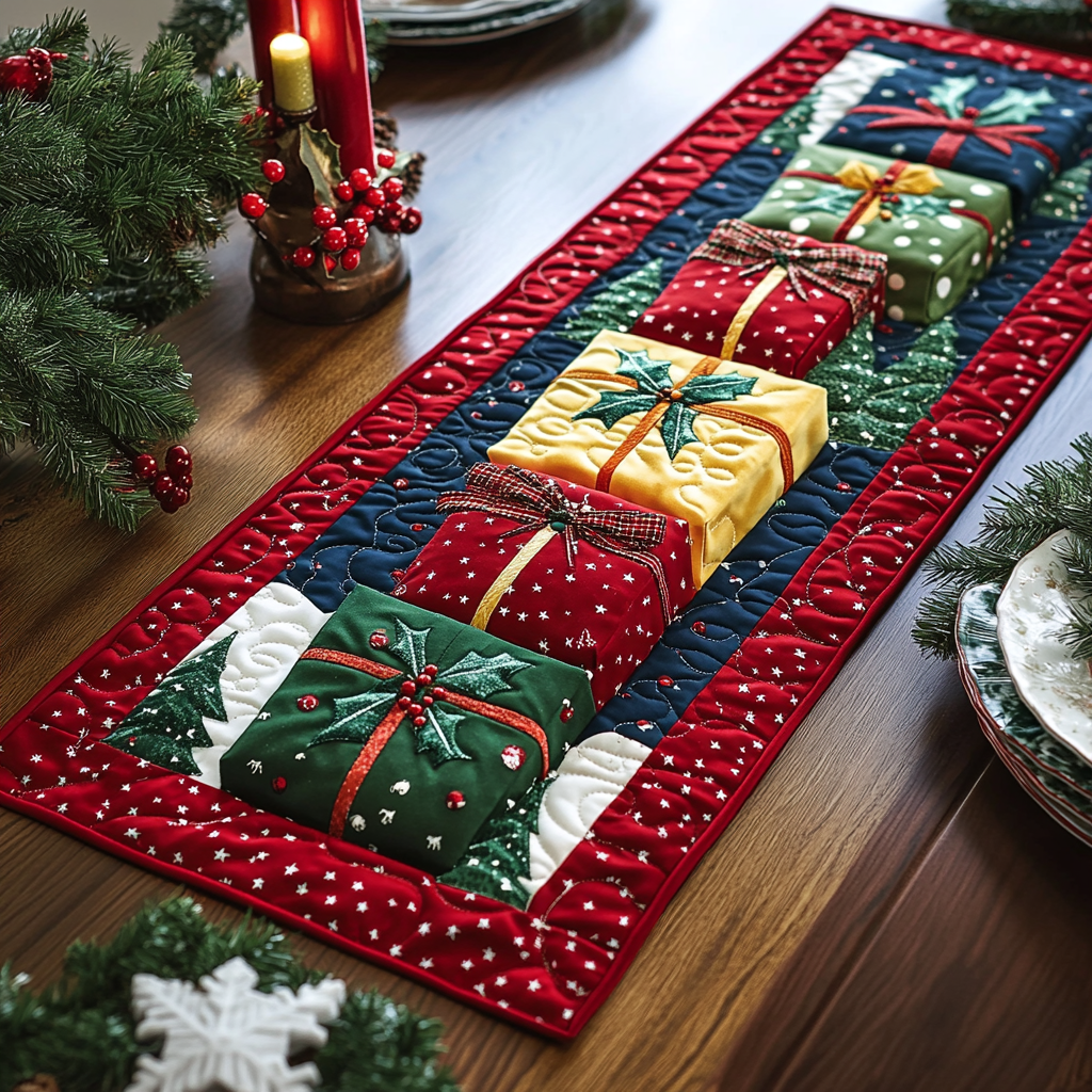 Christmas Gift Stack quilted table runner – stacked wrapped gifts