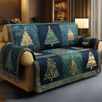 Teal Christmas Trees quilted sofa cover – gold trees on deep teal