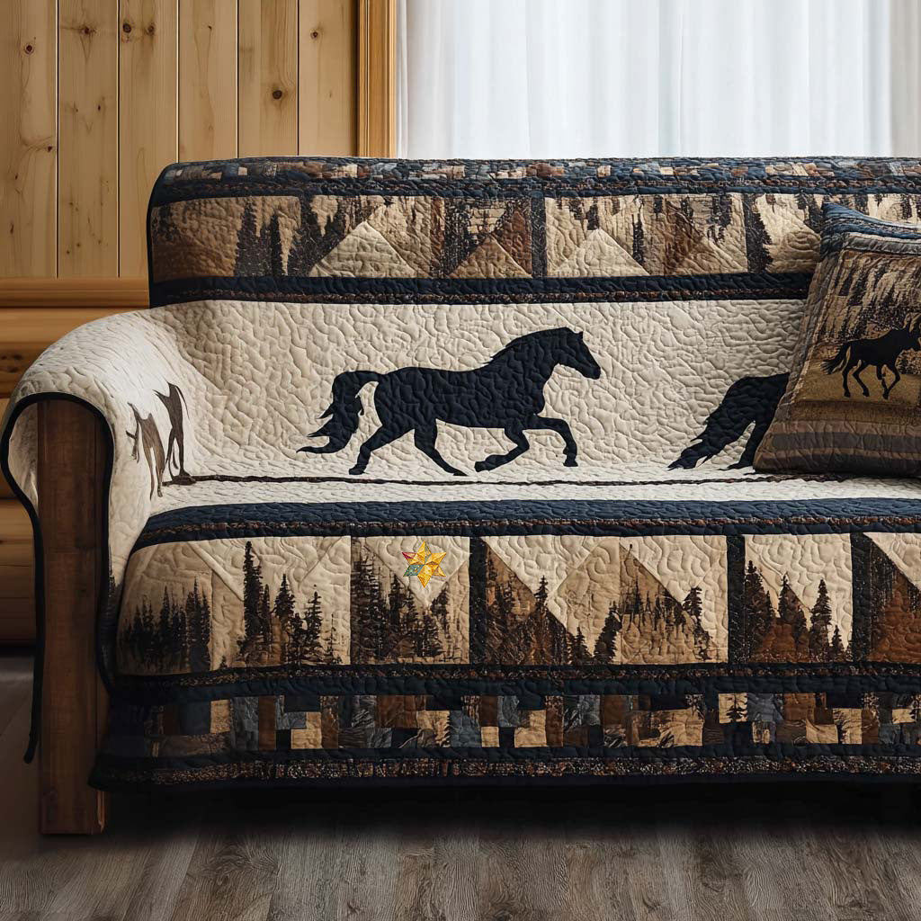 Horse and Pine Lodge quilted sofa cover – horse between pine bands