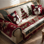 Snowman Christmas Evening quilted sofa cover – snowmen with a Christmas tree