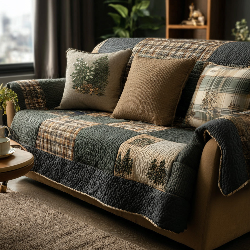 Forest Green Plaid quilted sofa cover – green and tan plaid patchwork