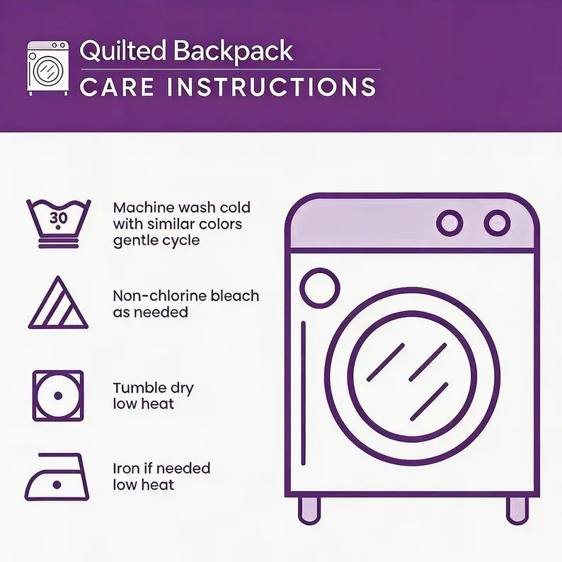 Quilted backpack care instructions: machine wash cold on a gentle cycle with similar colours, non-chlorine bleach as needed, tumble dry on low heat, iron on low heat if needed