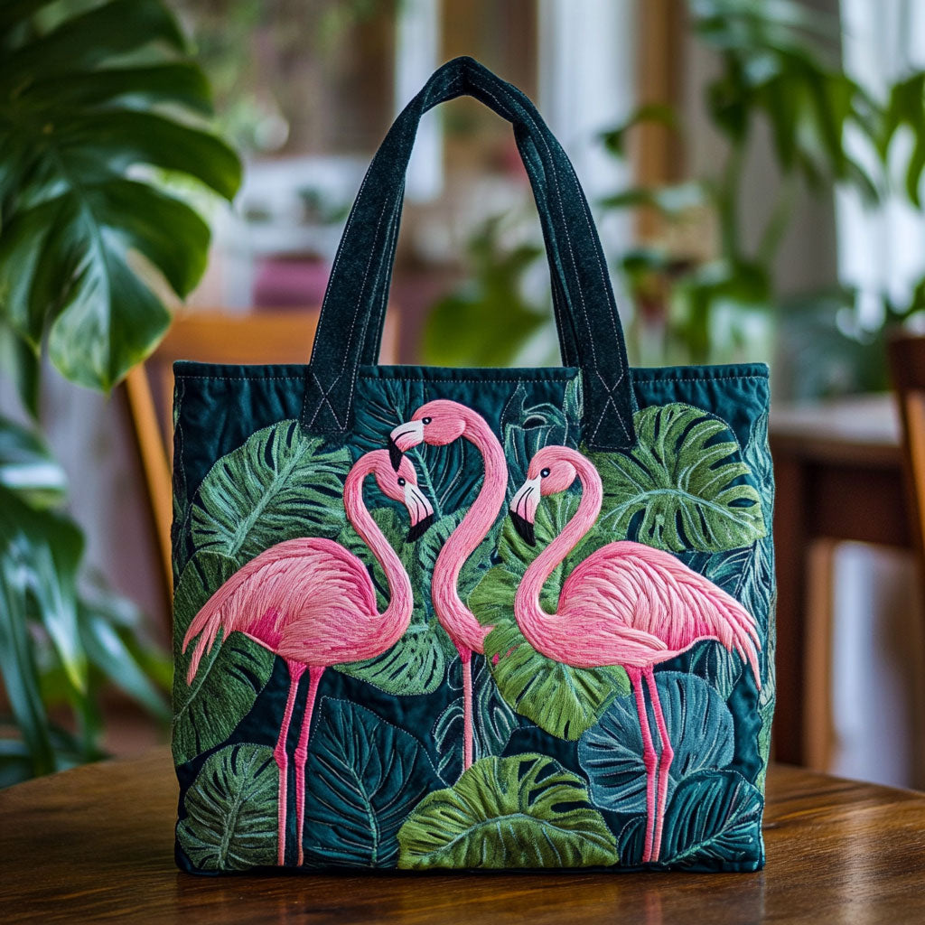 Tropical Flamingos quilted tote bag – flamingos and leaves