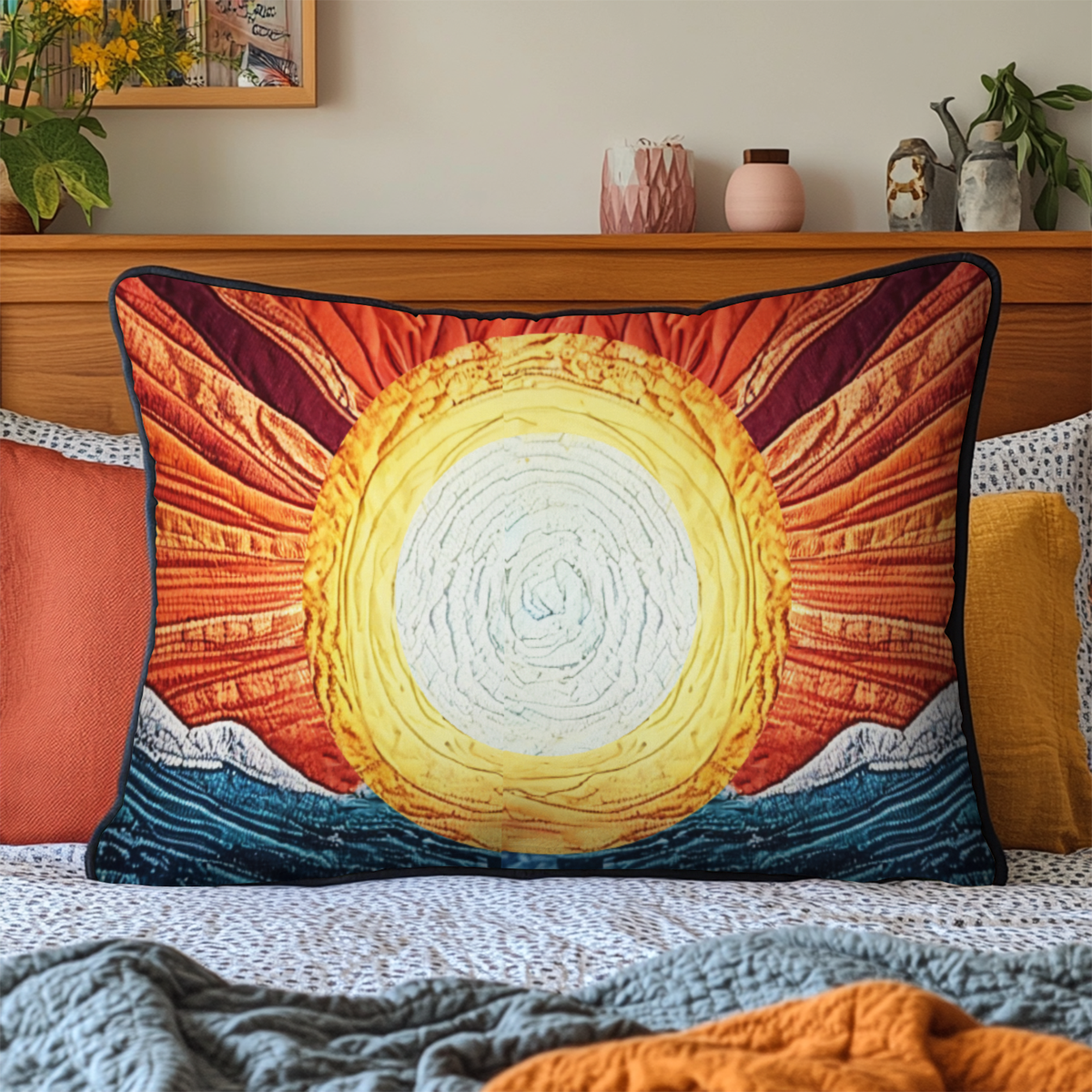 Sunrise over the Sea quilted pillowcase – glowing sun rising over blue waves
