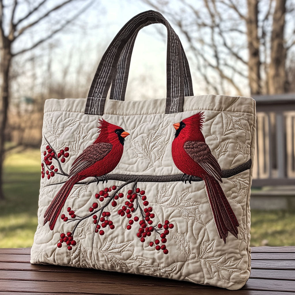 Crimson Pair quilted tote bag – cardinals on berries