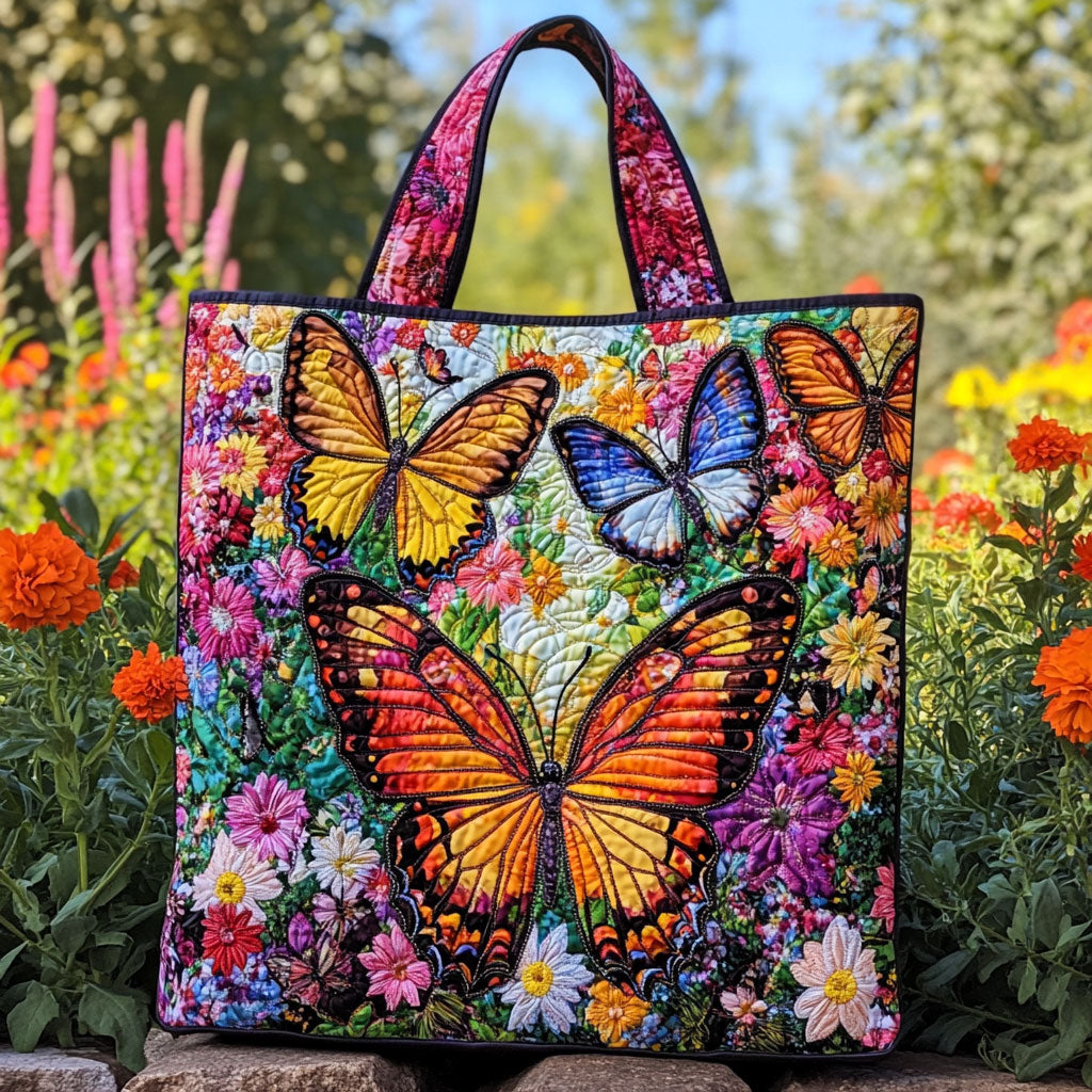 Radiant Butterflies quilted tote bag – butterflies over flowers
