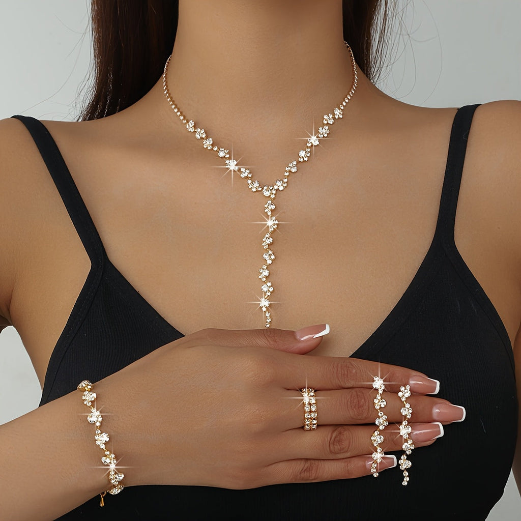 Crystal flower Y-necklace, bracelet, earrings and ring set