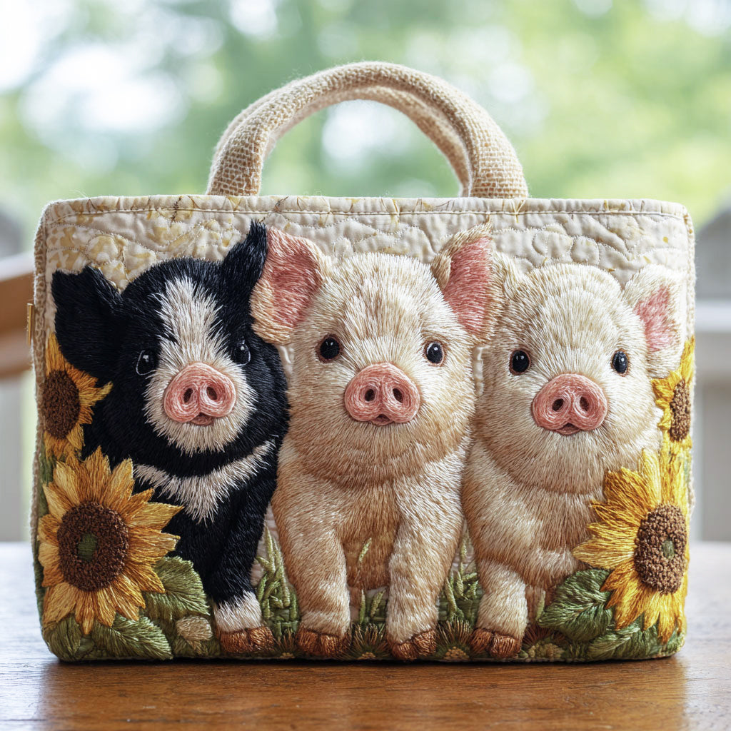 Sunflower Pig Charm quilted tote bag – piglets and sunflowers