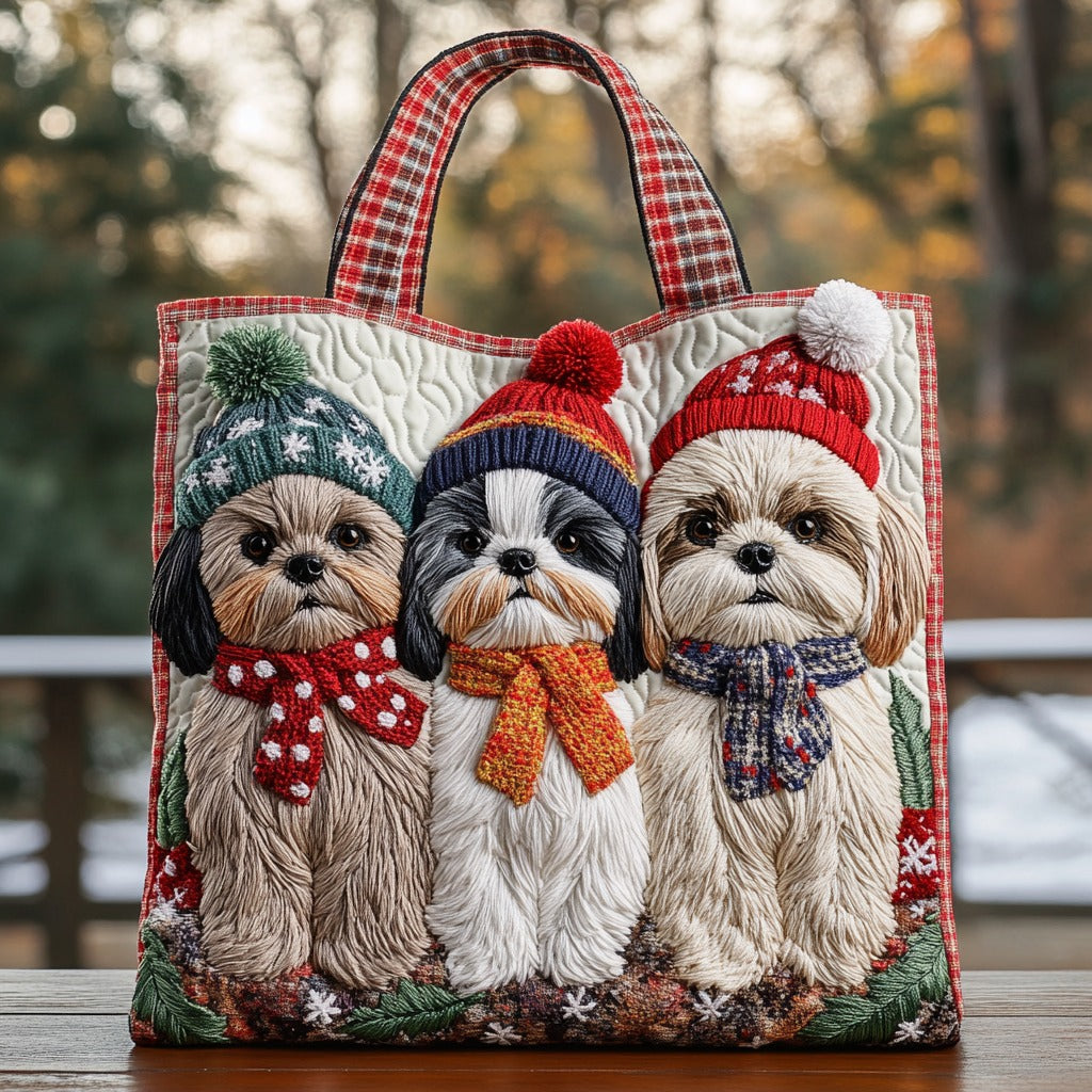 Jolly Little Shih Tzus quilted tote bag – shih Tzus in bobble hats