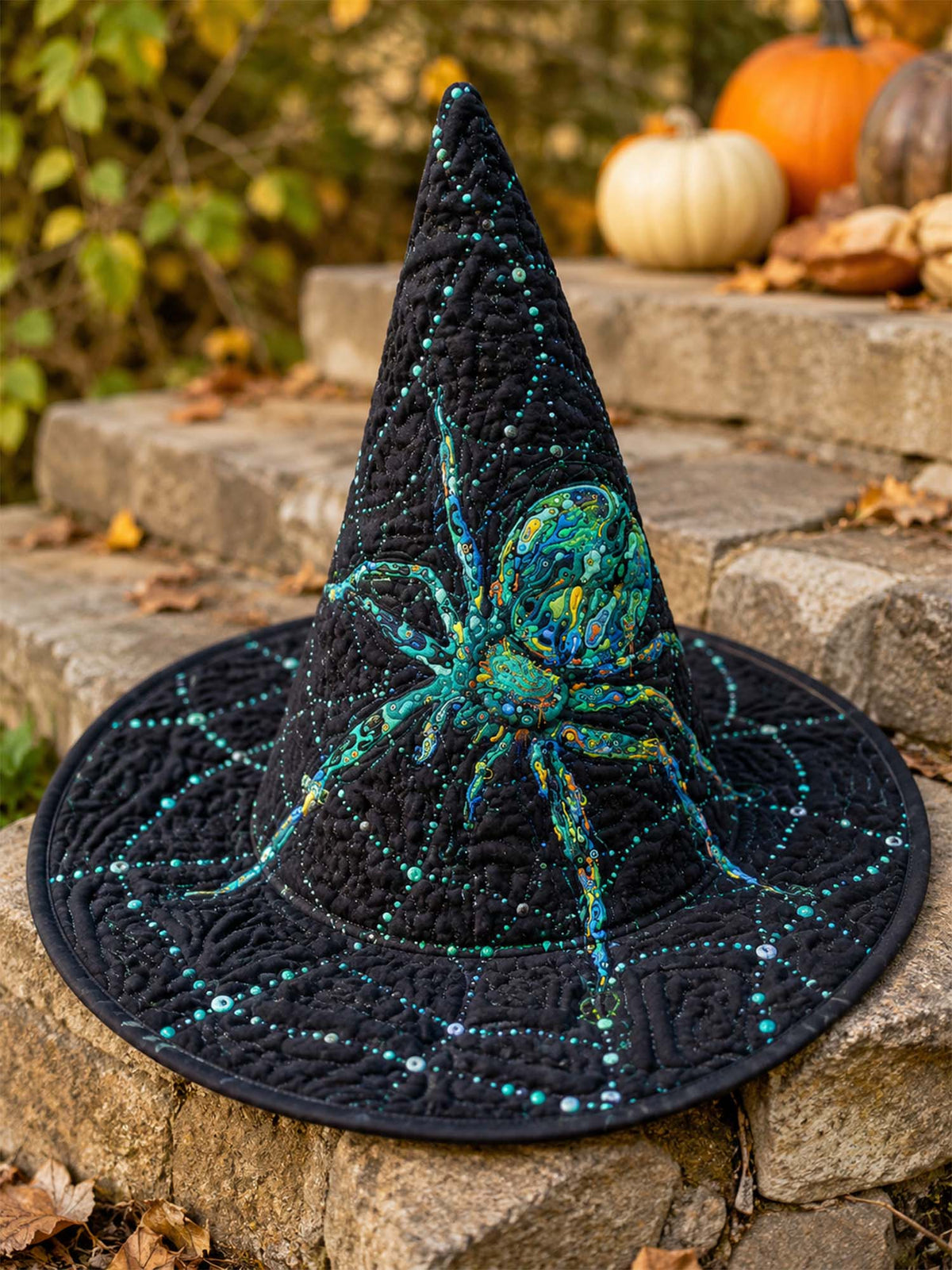 Emerald Spider quilted witch hat – green spider