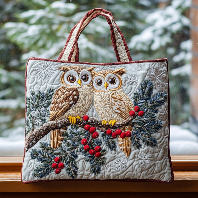 Mystic Winter Owls quilted tote bag – owls on berry branch