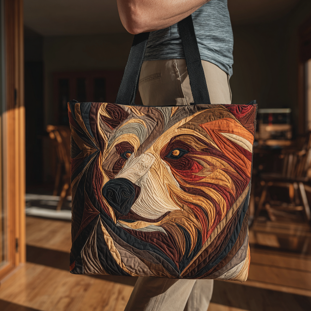 Earthy Bear quilted tote bag – swirling bear face