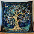 Starry Tree of Life quilted throw – golden tree of life beneath moons and stars