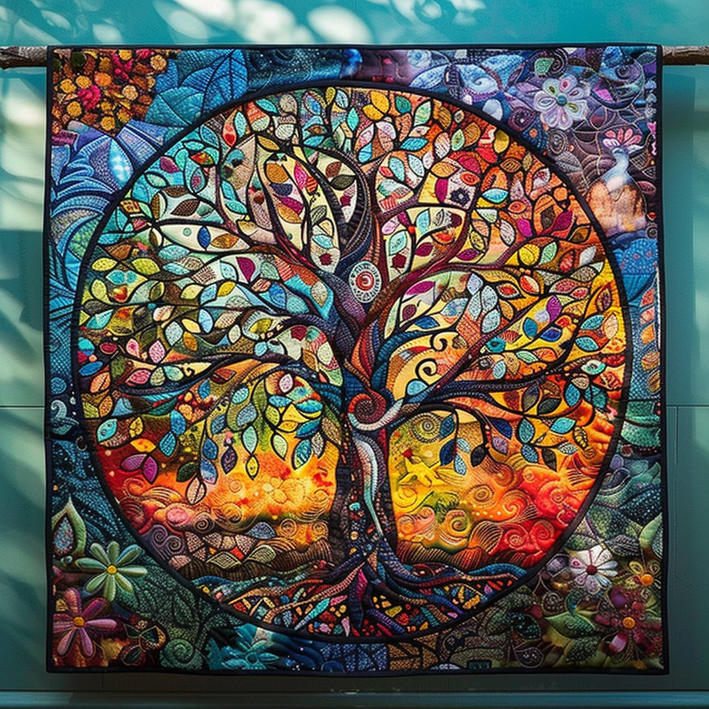 Stained Glass Tree quilted throw – stained glass tree of life on teal