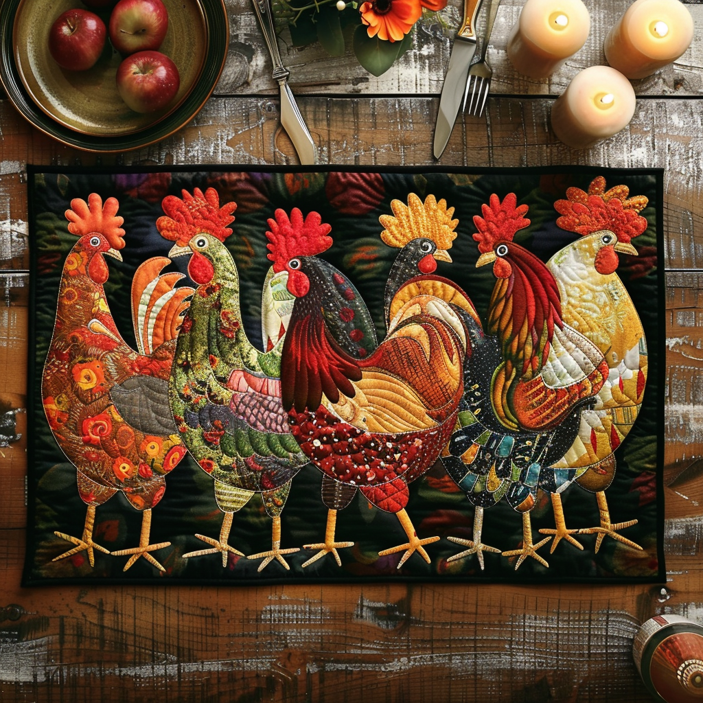 Rustic Roost Night quilted placemats – roosters on dark ground