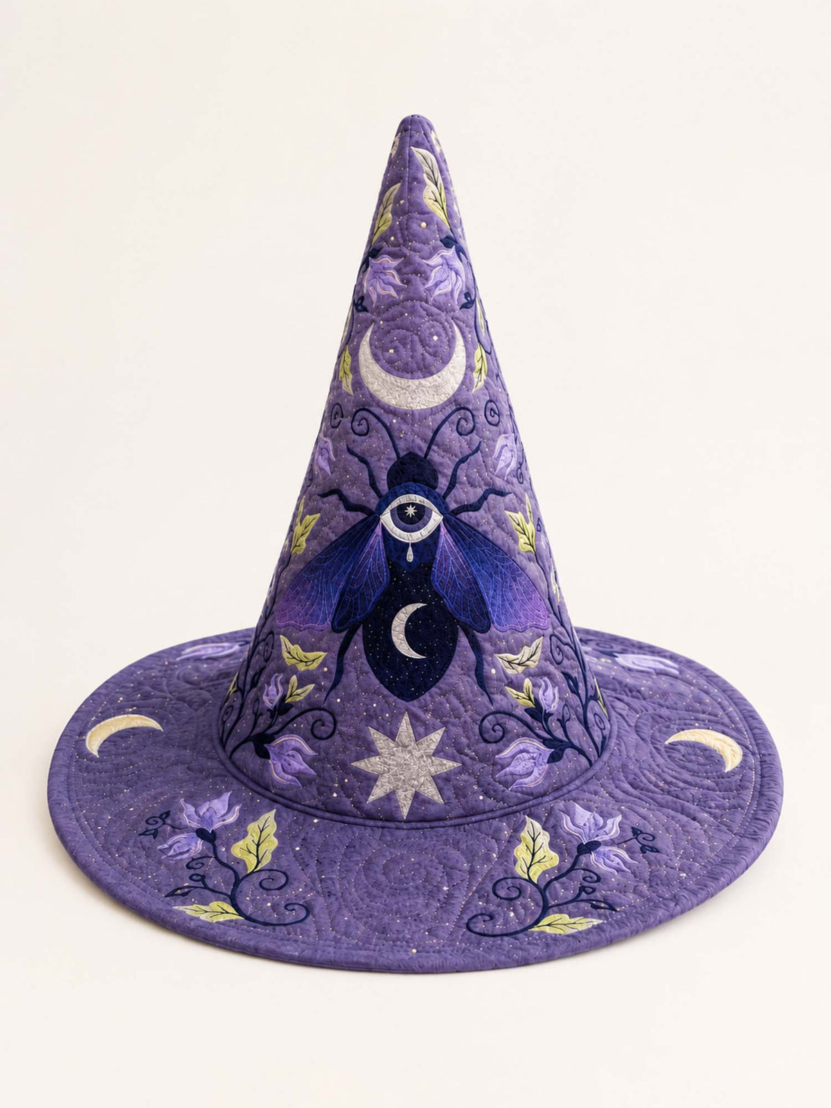 Purple Moon Moth quilted witch hat – moth on lilac