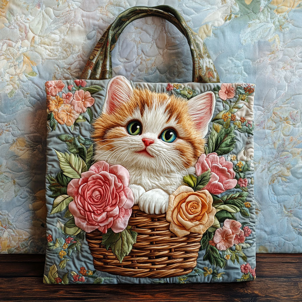 Kitty Bloom Basket quilted tote bag – kitten in rose basket
