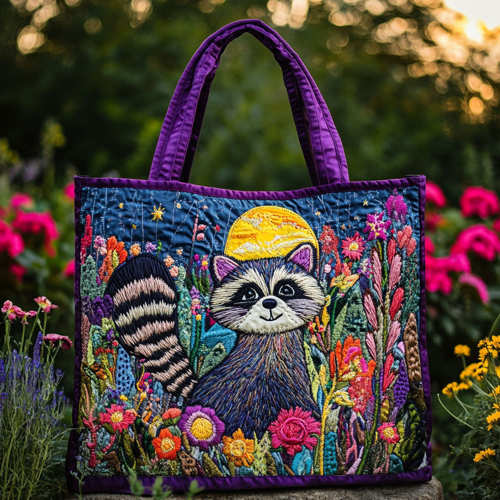 Floral Night Raccoon quilted tote bag – raccoon in flowers