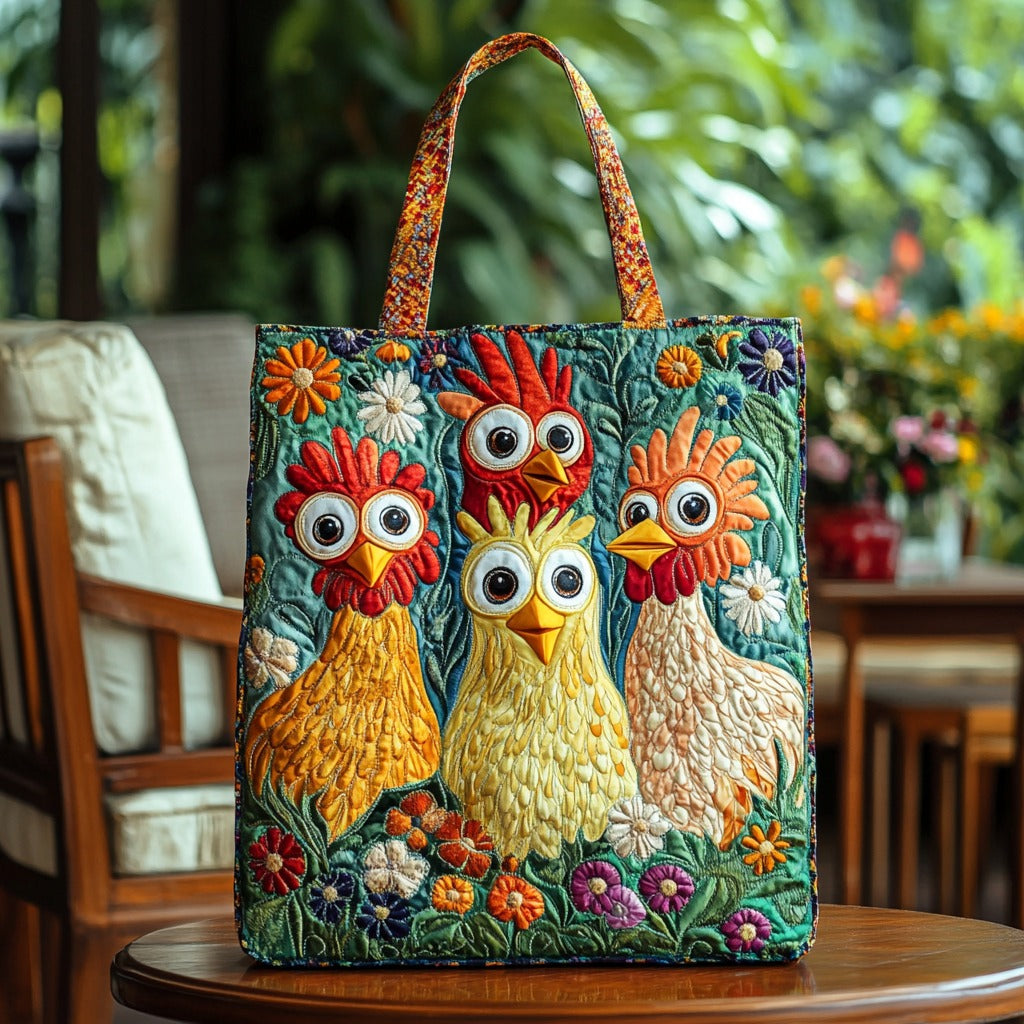 Floral Funny Chickens quilted tote bag – funny chickens and flowers