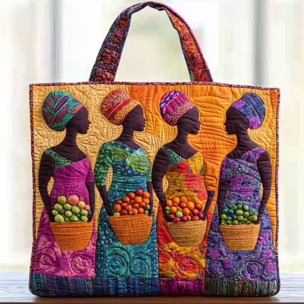 Sunset Sisterhood quilted tote bag – women on orange
