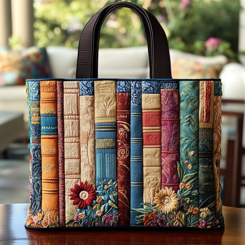 Blooming Stories quilted tote bag – book spines