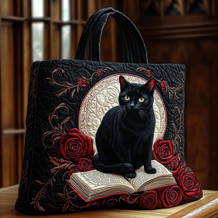 Mystic Black Cat quilted tote bag – cat, moon and roses