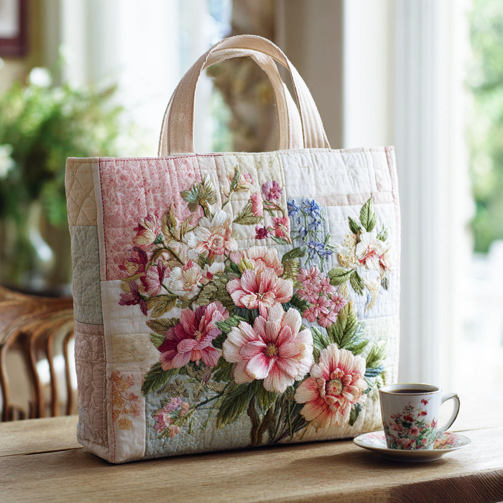 Teatime Blooms quilted tote bag – pink blossoms
